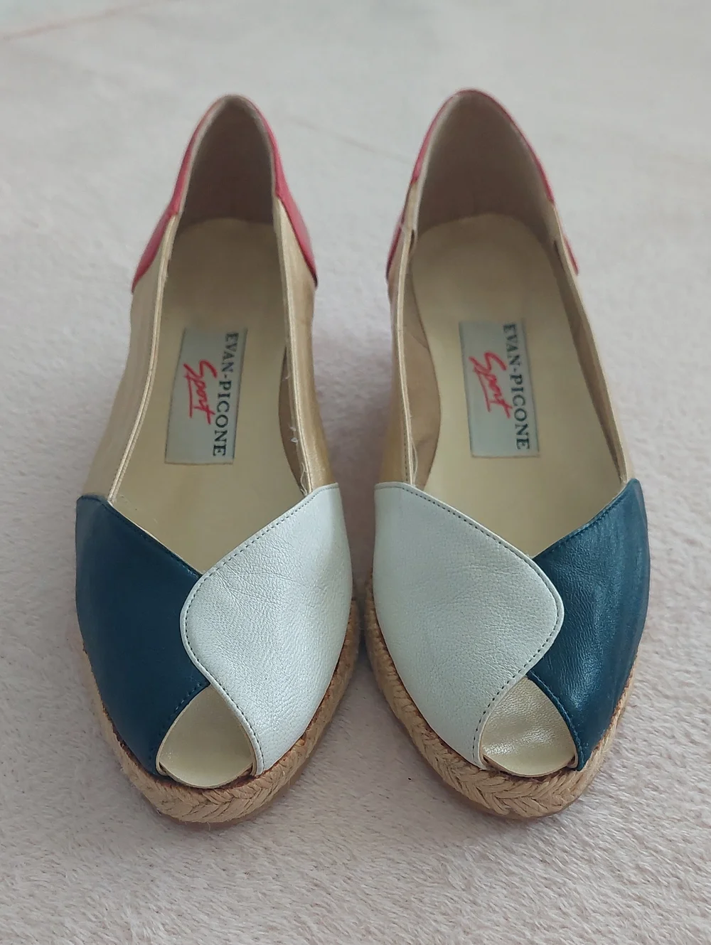 EVAN PICONE SPORT Peep-Toe Espadrille Wedges in Colors Navy, Gold, White & Red
